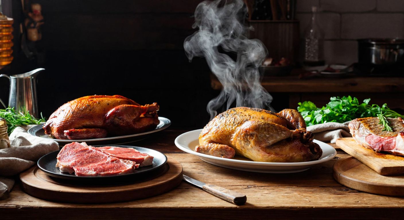 A rustic wooden table in a cozy Polish kitchen, topped with a sizzling roasted duck, a plate of grilled pork chops, and a fresh fish fillet, surrounded by wild game meats like venison and rabbit, with steam rising invitingly.
