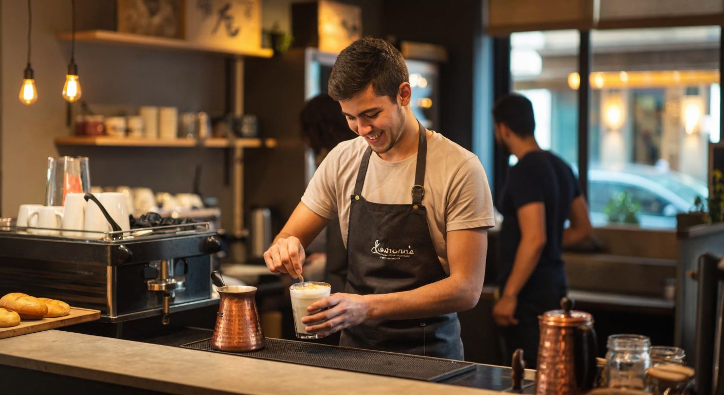 A young barista in a cozy Turkish café, wearing a dark apron, expertly steaming milk for a latte while smiling at a customer across the counter, with a copper cezve and freshly ground coffee beans nearby.