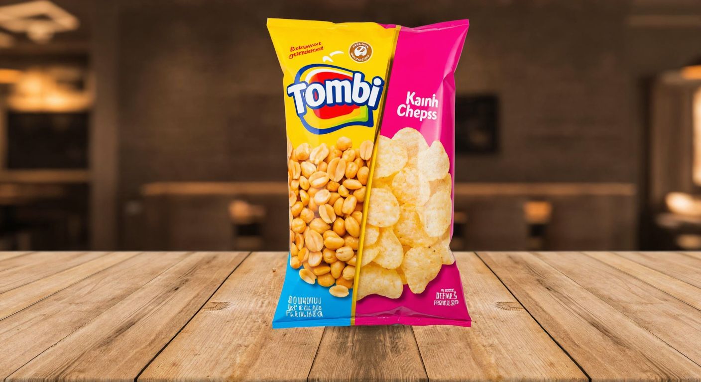A colorful bag of Tombi chips split down the middle, one side filled with golden peanut-flavored crisps and the other with creamy cheese-flavored crisps, resting on a rustic wooden table in a Turkish café.
