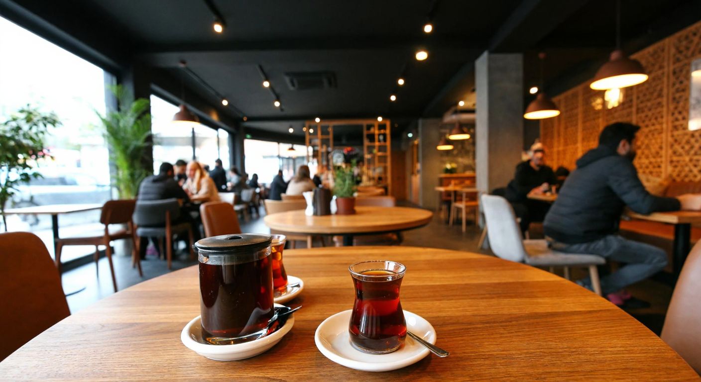 A cozy, modern café in Ankara with wooden tables, steaming cups of Turkish coffee, and people chatting warmly, surrounded by potted plants and soft lighting.
