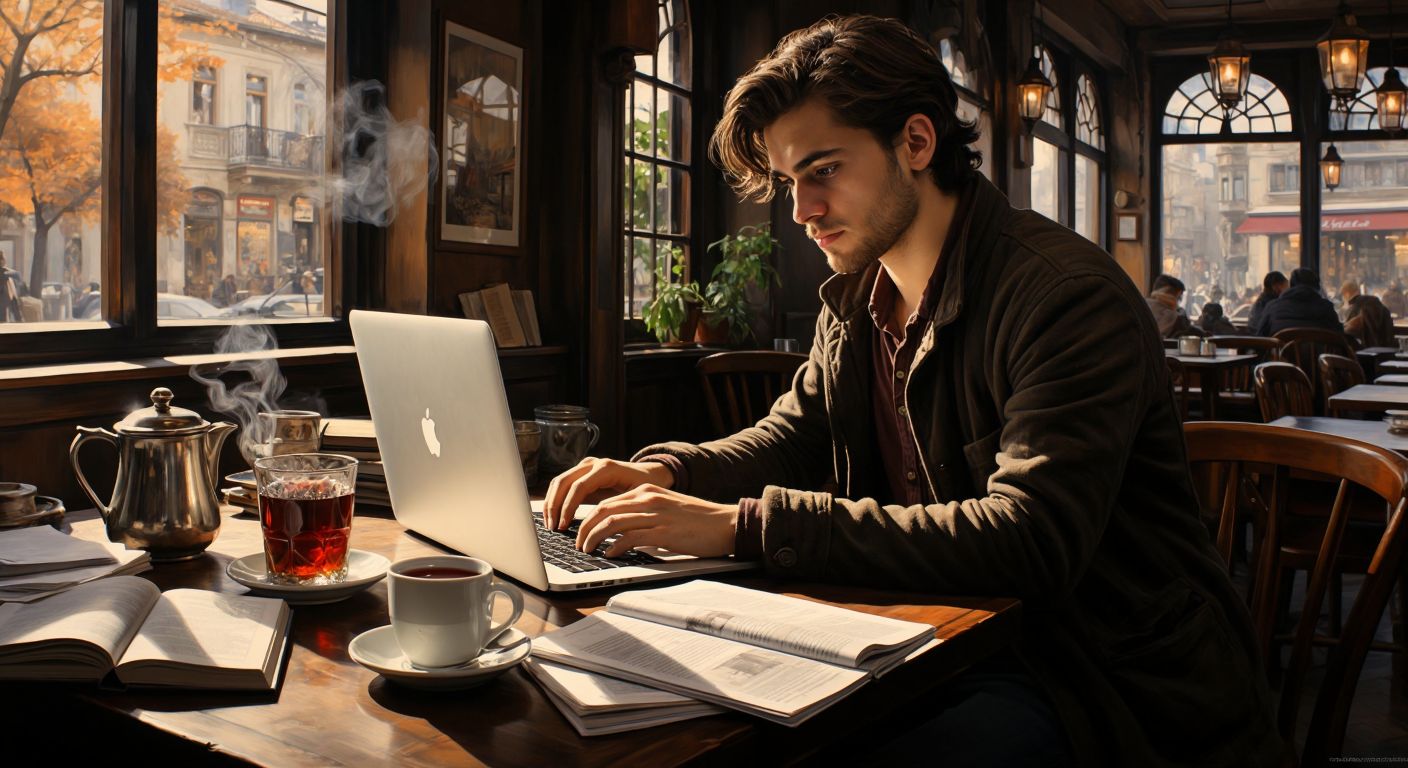 A focused young writer in a cozy Turkish café, typing on a laptop with a steaming cup of Turkish tea beside them, surrounded by scattered notebooks and printed sample articles.