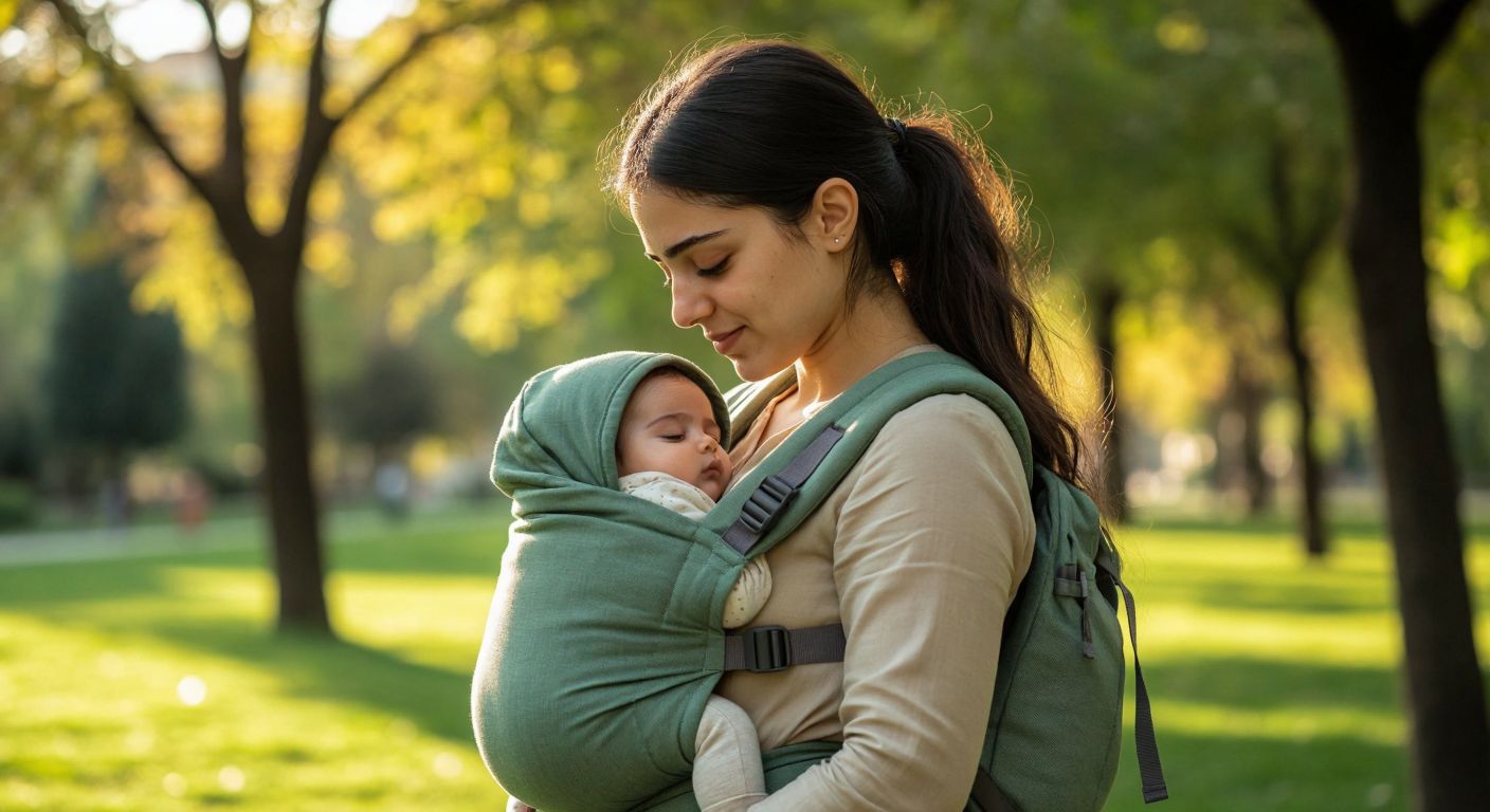 A young Turkish mother wearing a soft green baby carrier, cradling her peacefully sleeping infant in the ergonomic "M" position while strolling through a sunlit park in Istanbul, with the carrier's padded straps and adjustable hood gently supporting the baby.