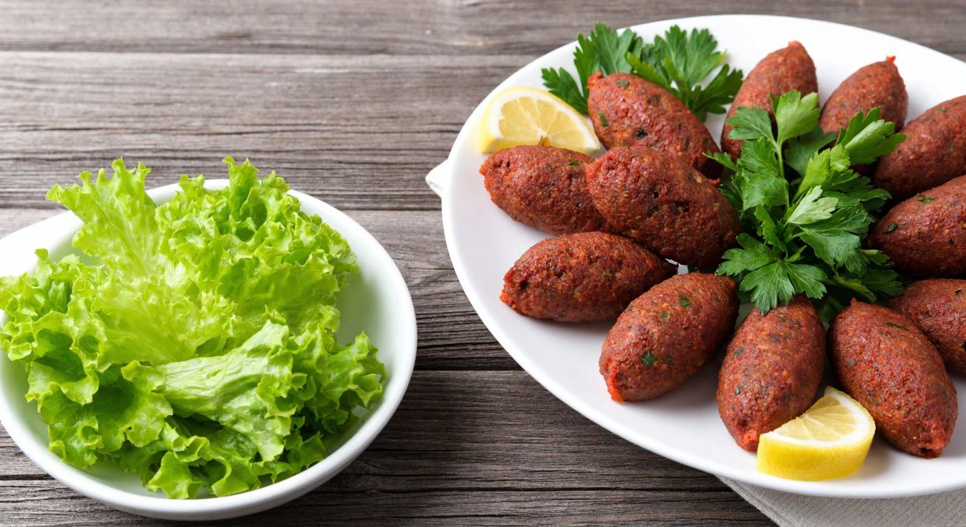 A neatly arranged plate of *çiğ köfte* (spiced raw meatballs) with fresh parsley and lemon wedges, placed on a rustic wooden table alongside a small bowl of crisp green lettuce, evoking a balanced and mindful approach to portion control in a Turkish diet.