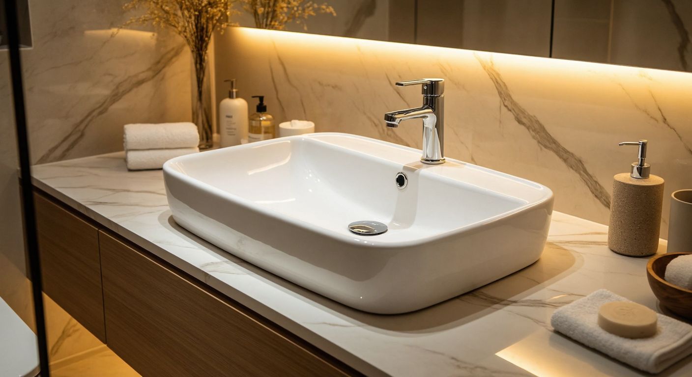 A sleek white Esvit bathroom sink with a modern design, installed in a clean Turkish-style bathroom with marble countertops and warm lighting, evoking a sense of quality and elegance.