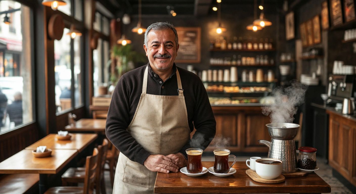 A cozy Turkish café with warm wooden tables, steaming cups of Turkish coffee, and a middle-aged man with a friendly smile (Yaşar Akdeniz) standing behind the counter, wearing a traditional apron.