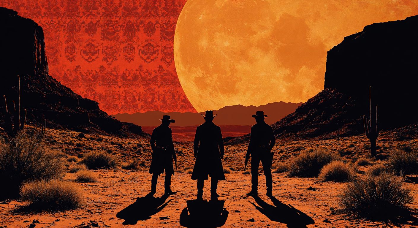 A rugged desert landscape with three shadowy figures standing in a tense standoff, evoking the iconic scene from *The Good, the Bad and the Ugly*, while a Turkish-style patterned wallpaper design subtly blends into the background.