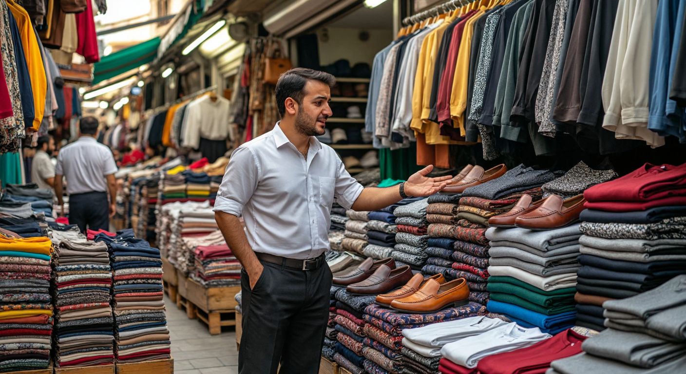 A bustling Turkish wholesale clothing market with neatly stacked piles of colorful garments and shoes, where a merchant in a crisp shirt gestures confidently toward a customer examining a pair of traditional leather shoes.