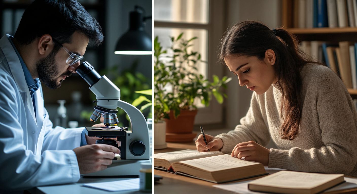 A split image showing a biologist examining a plant under a microscope on one side and a linguist analyzing Turkish word structures with books and notes on the other.