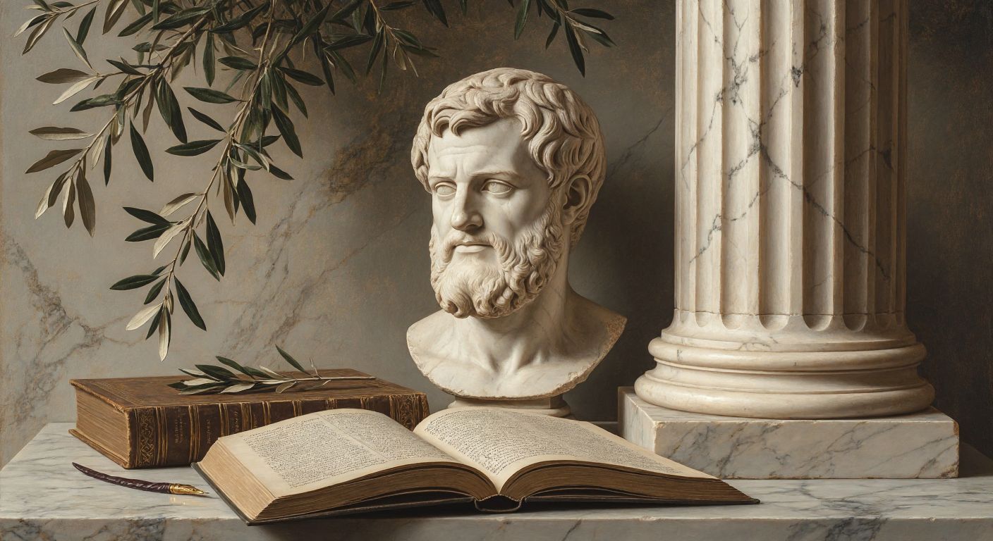 A weathered stone bust of Plato sits beside an open book with a quill resting on its pages, while a marble column and an olive branch frame the scene under soft golden light.