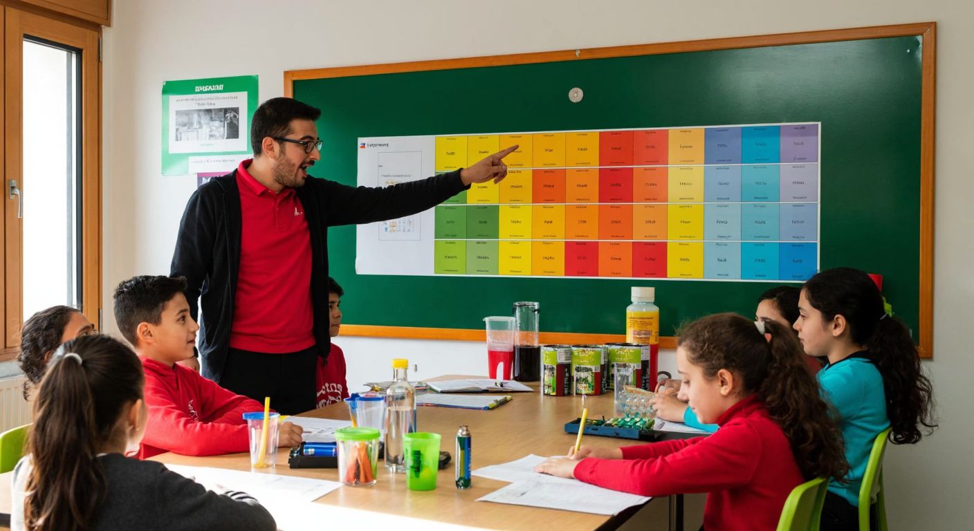 A vibrant classroom scene in Turkey with a teacher enthusiastically pointing at a colorful periodic table poster while students examine real-world objects like batteries, glassware, and a steel beam, illustrating the practical uses of elements and compounds.