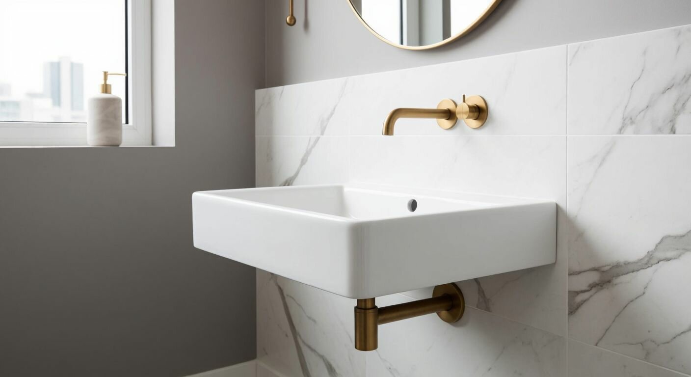 A sleek, wall-mounted sink in a compact Turkish bathroom with white marble tiles and a minimalist brass faucet, reflecting space-saving elegance.