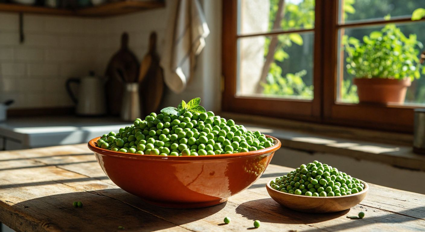 A vibrant bowl of fresh green peas sits on a rustic wooden table in a sunlit Turkish kitchen, with a small scale beside it balancing a portion of peas against a handful of grains to symbolize their dual nutritional value.