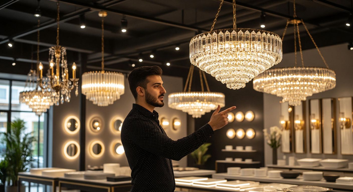 A modern Turkish lighting showroom with elegant chandeliers and industrial-style fixtures, where a well-dressed consultant in a crisp shirt gestures toward a sleek LED panel under warm, inviting light.