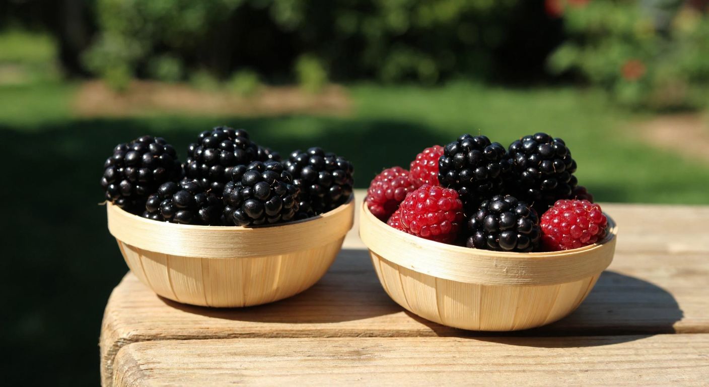 A rustic wooden table in a sunlit Turkish garden holds two small woven baskets—one filled with plump, glossy black blackberries (böğürtlen) still clinging to thorny vines, and the other with smaller, deep red raspberries (ahududu), their delicate shapes contrasting the wildness of the blackberries.