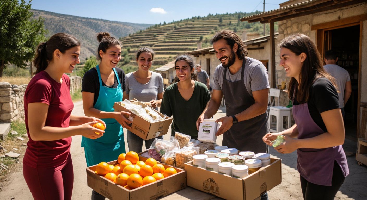 A diverse group of volunteers in a Turkish village distributing fresh food and eco-friendly beauty products to smiling families in need.