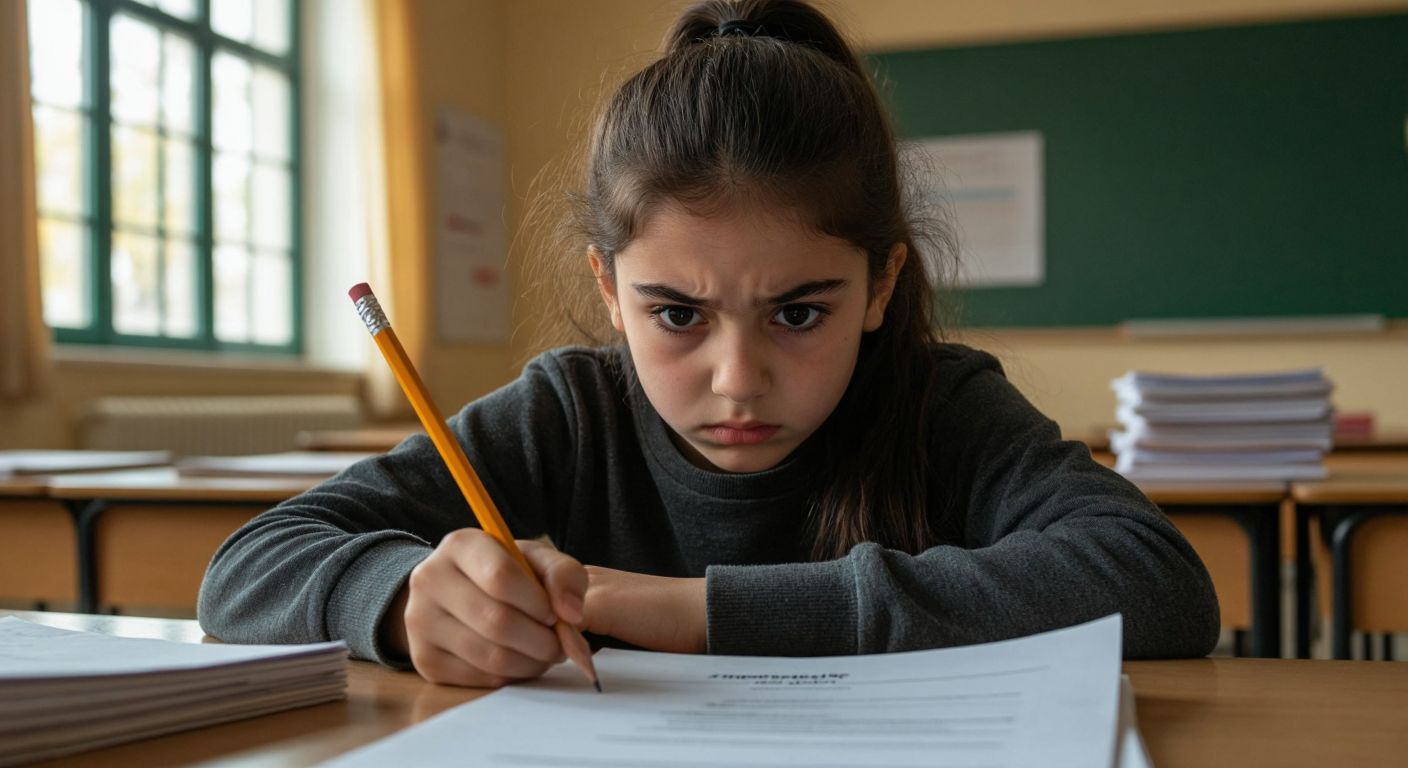 A nervous middle-school student in a Turkish classroom, gripping a pencil tightly while staring at a blank exam paper, with a teacher's desk in the background holding a stack of printed PDF documents.