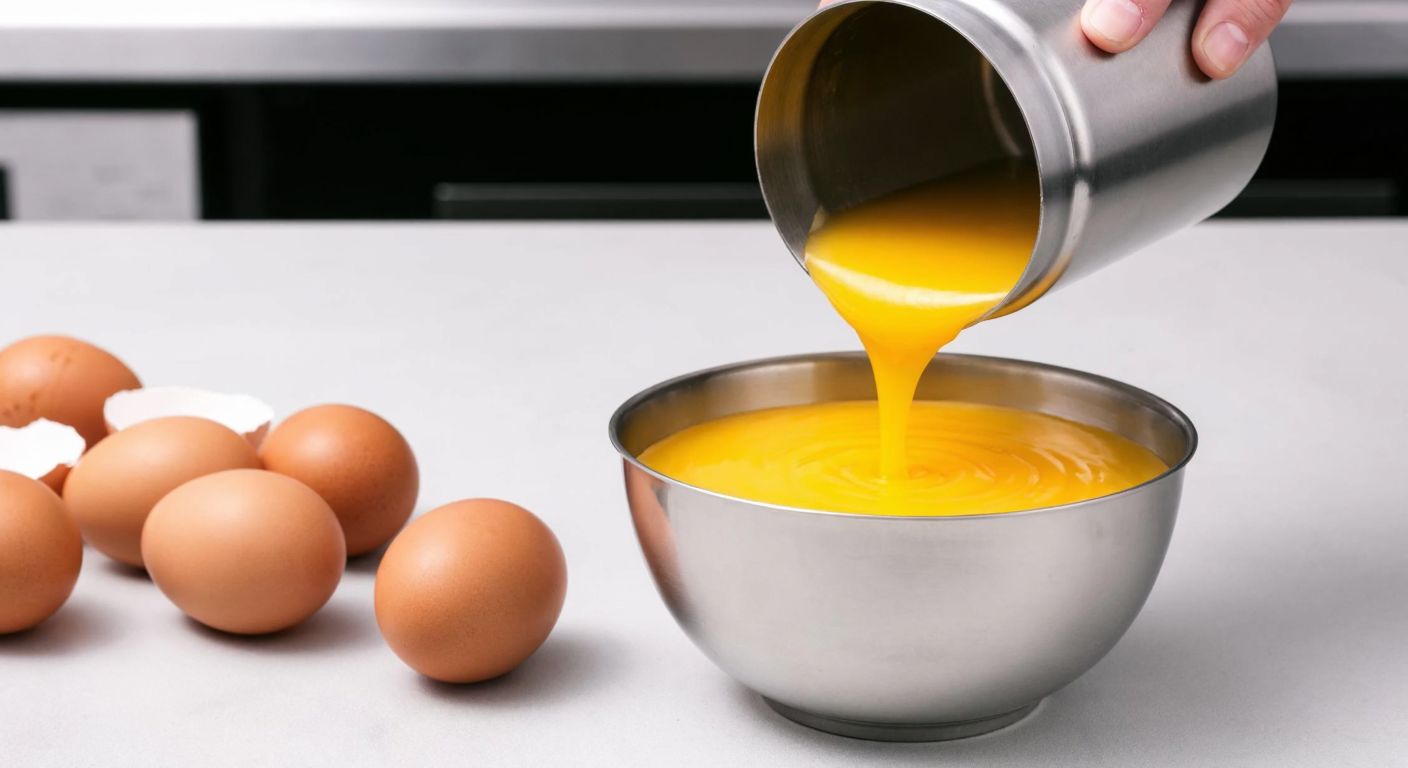 A warm golden-yellow liquid egg being poured from a stainless steel container into a bowl, surrounded by fresh whole eggs and a clean industrial kitchen setting, conveying safety and freshness.