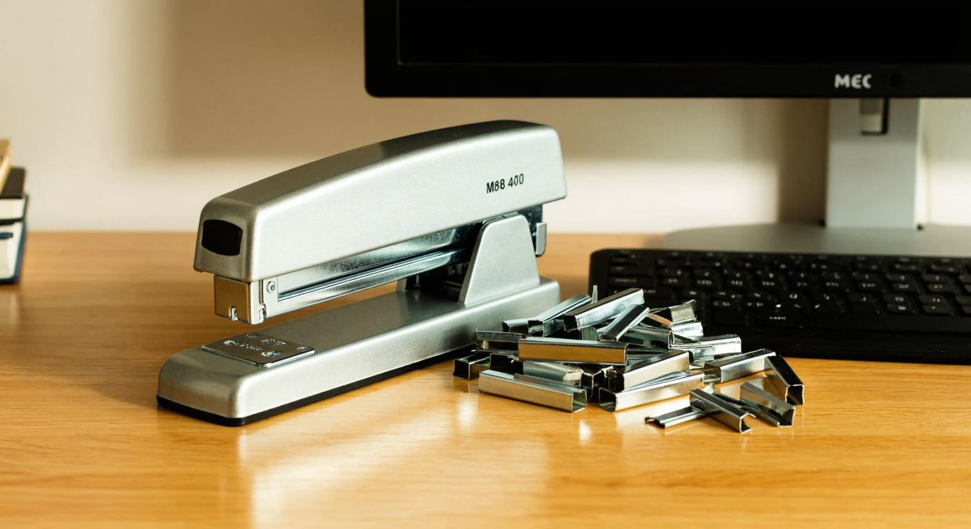 A sturdy silver stapler labeled M48410 sits on a wooden desk next to a neat pile of 1000 shiny metal staples, ready for use.