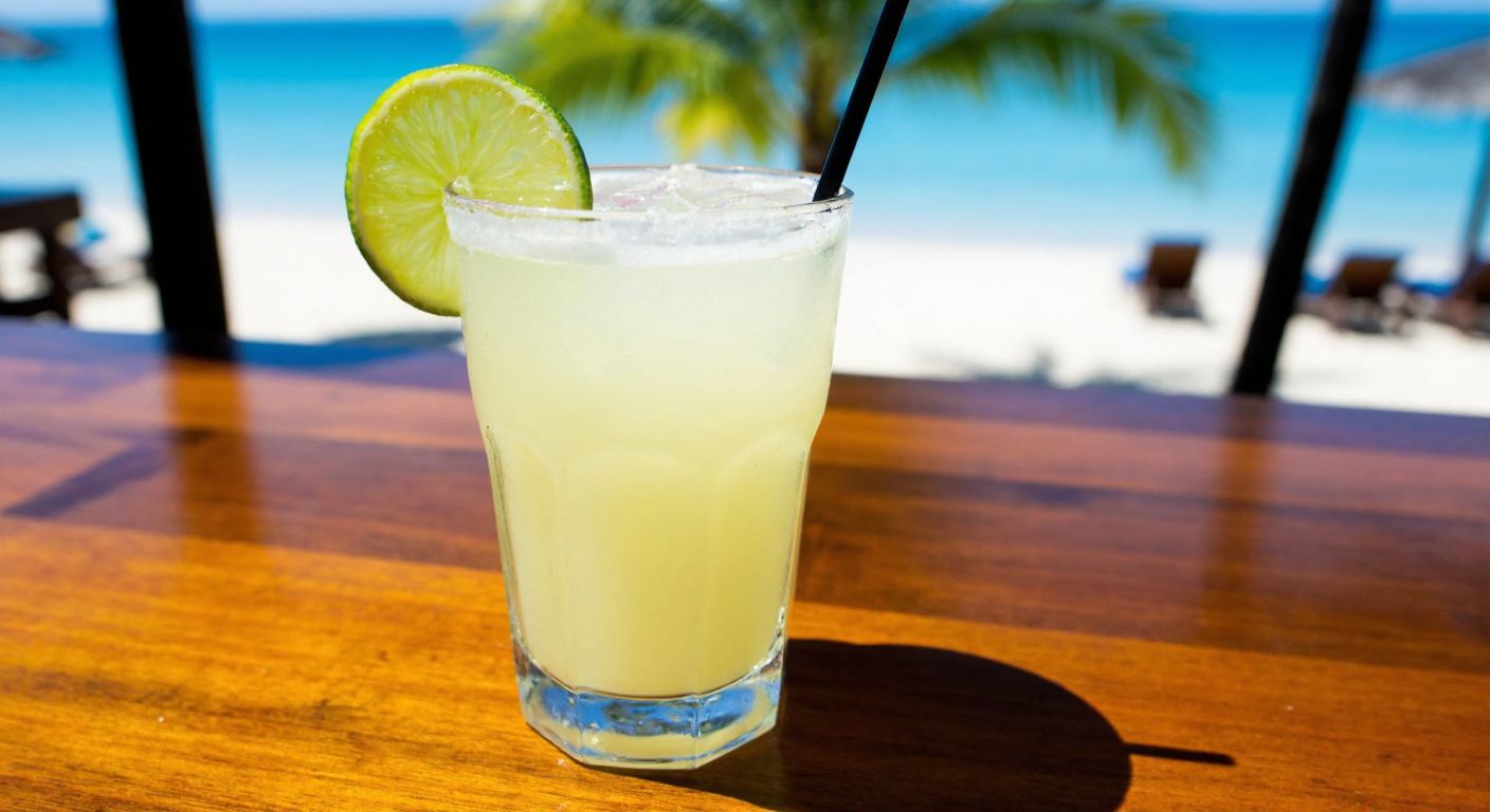 A frosty glass filled with a pale yellow daiquiri cocktail, garnished with a lime wedge on the rim, resting on a wooden bar counter with a tropical beach in the background.