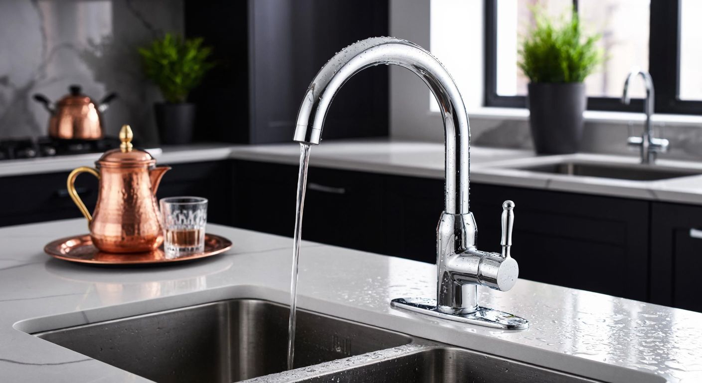 A gleaming ECA faucet with water droplets reflecting light, installed in a modern Turkish kitchen with marble countertops and a copper tea set nearby, conveying durability and efficiency.