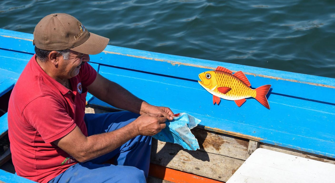 A cheerful Turkish fisherman in a small wooden boat on the Bosphorus, carefully peeling the backing off a colorful fish-shaped sticker to apply it to the boat's weathered blue hull.