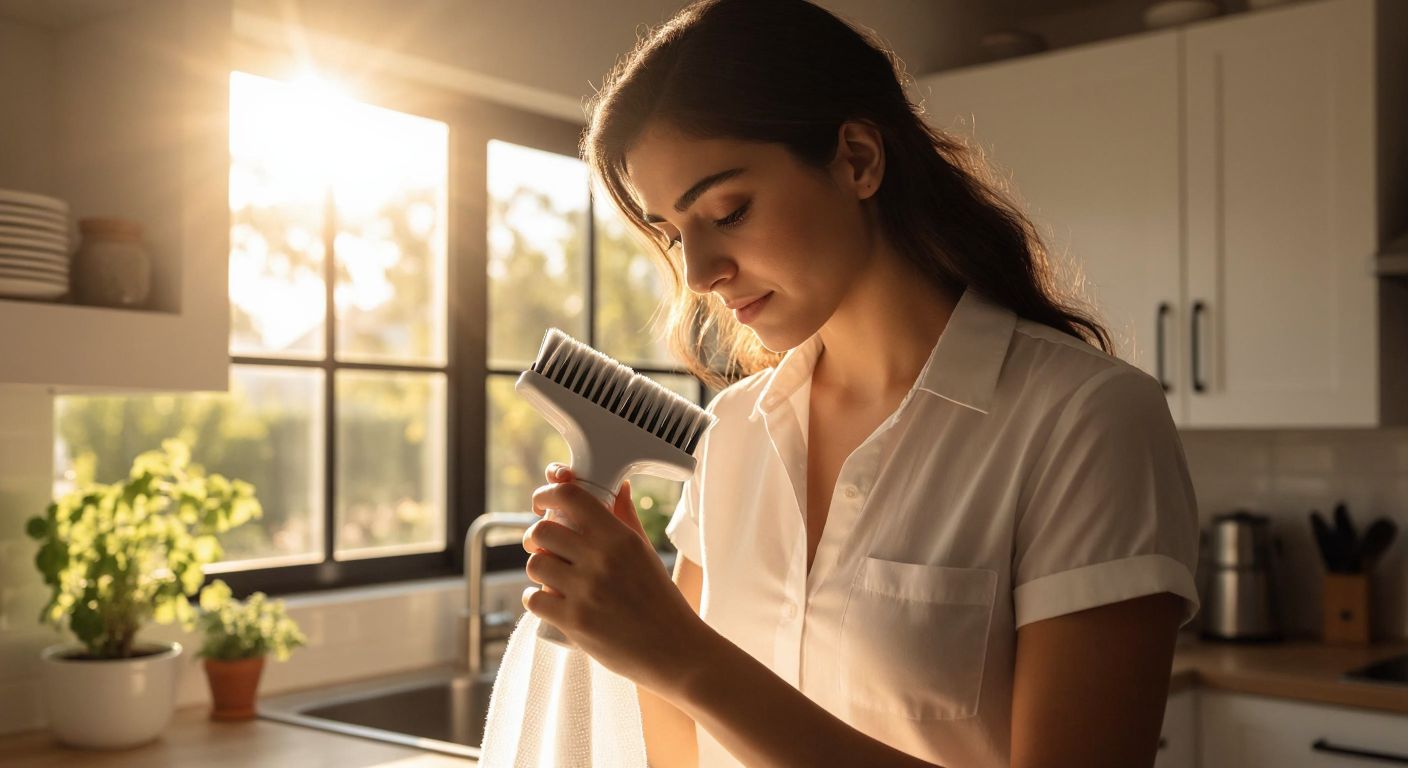 A close-up of a Turkish woman in a bright, sunlit kitchen, scrubbing a stained white shirt collar with a HighGenic brush cleaner, her expression focused yet relieved as the stain fades.