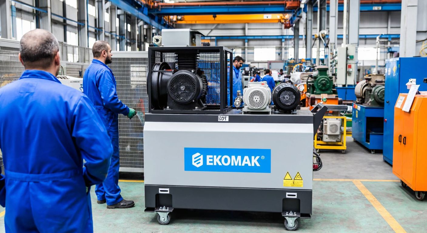 A sturdy industrial compressor with the EKOMAK logo prominently displayed, set against a backdrop of a bustling factory in Turkey's Güney Marmara region, with workers in blue overalls inspecting machinery.