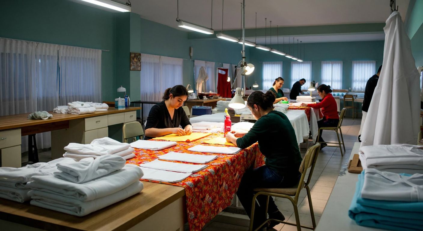 A bustling Turkish textile workshop with workers carefully stitching vibrant tablecloths and napkins, surrounded by neatly folded hotel linens and hospital uniforms, under warm lighting.