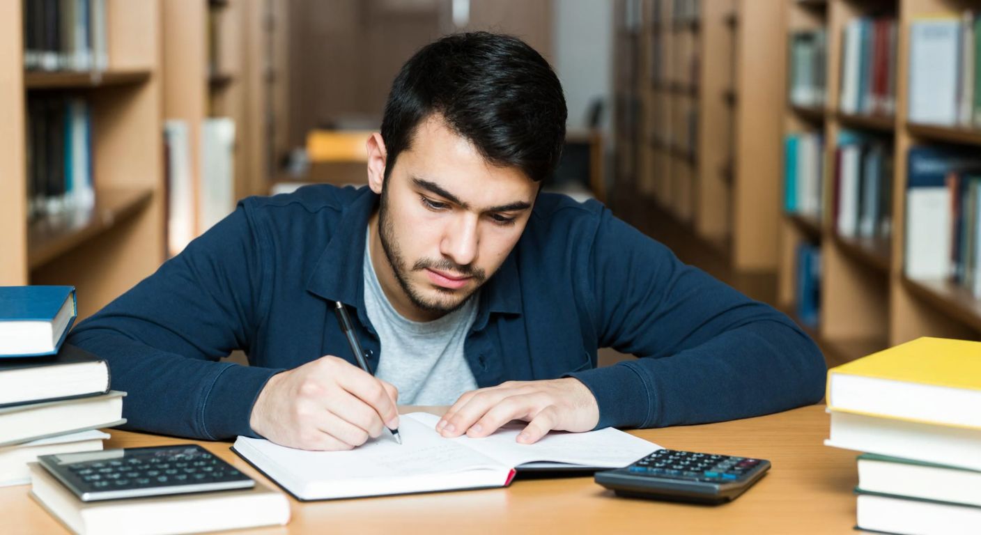 A young Turkish student in a university library, intently studying a notebook with mathematical formulas, surrounded by stacks of books and a calculator, with a focused and determined expression.