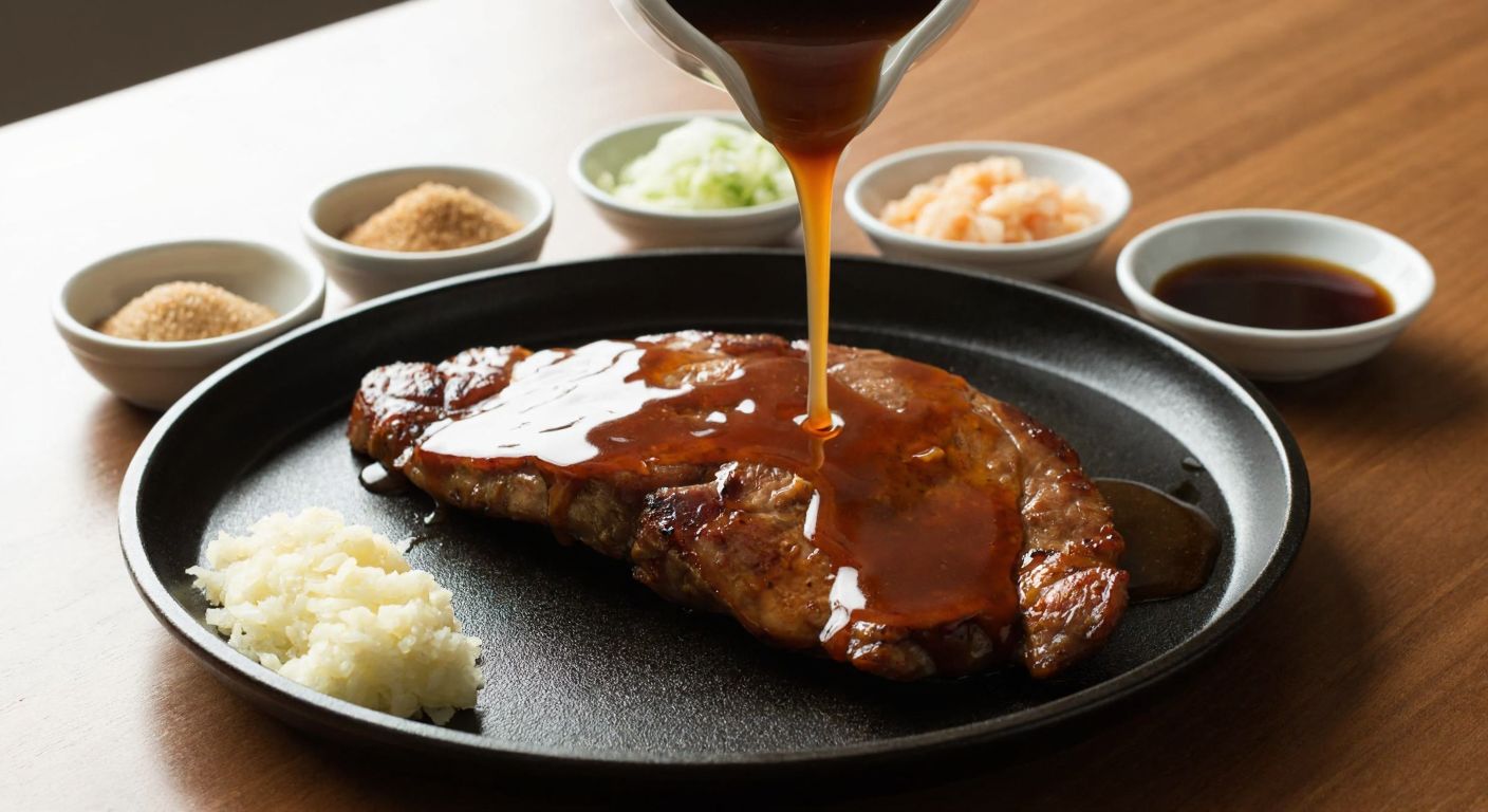 A glossy, amber-colored teriyaki sauce drizzling over a sizzling piece of grilled meat, surrounded by small bowls of soy sauce, brown sugar, minced garlic, grated ginger, honey, and sesame oil on a wooden table.