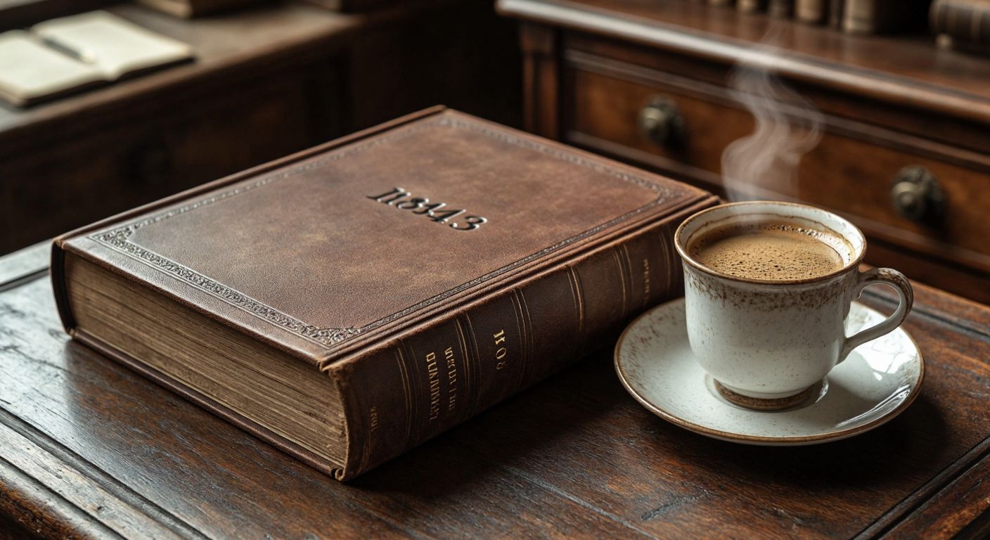 A weathered, leather-bound book with "1843" subtly embossed on its spine rests on an antique wooden desk beside a steaming cup of Turkish coffee, evoking a sense of historical depth and intellectual tradition.