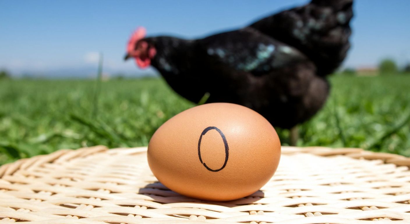 A close-up of a fresh, organic brown egg with a "0" stamped on its shell, resting on a woven basket beside free-range chickens pecking at green grass under a sunny Turkish countryside sky.