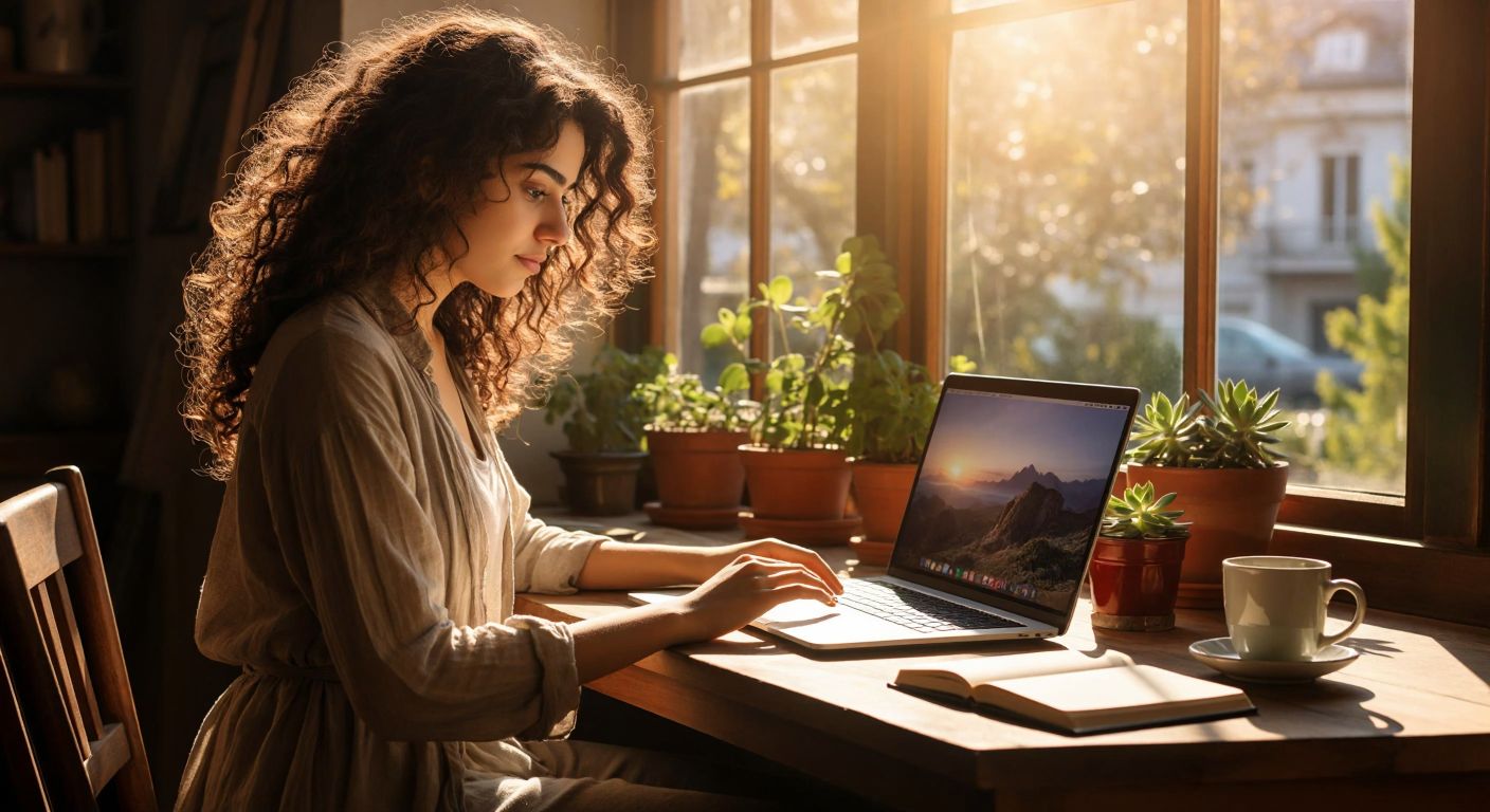 A young Turkish woman with curly hair sits at a wooden desk by a sunlit window, typing on a laptop with a steaming cup of çay beside her, surrounded by notebooks and a potted succulent.