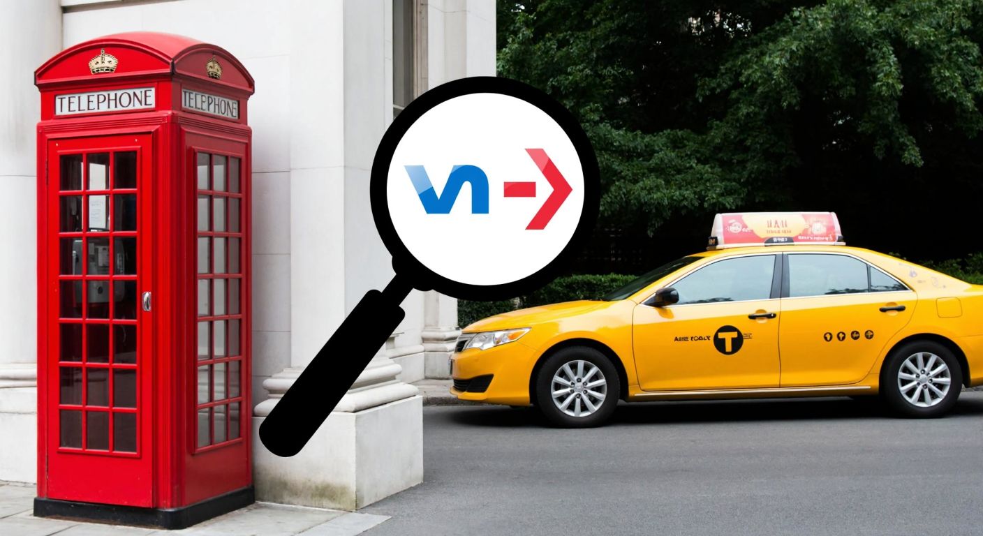 A split image showing a British red phone booth on one side and an American yellow taxi on the other, with a magnifying glass hovering between them, symbolizing the comparison of linguistic differences.