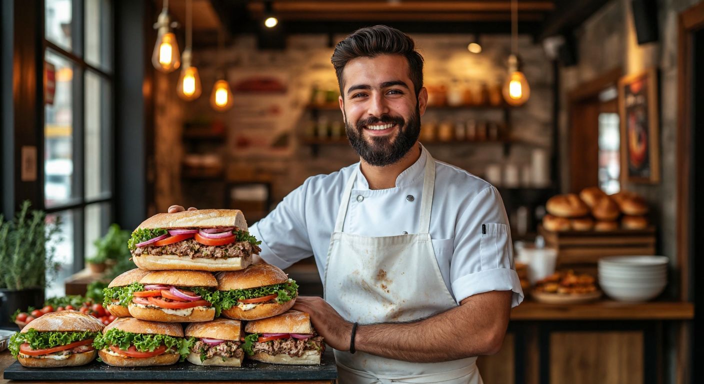 A smiling, bearded man in a white chef’s apron stands proudly behind a counter displaying stacked, freshly made sandwiches with vibrant ingredients, in a cozy Turkish eatery with warm lighting and wooden decor.