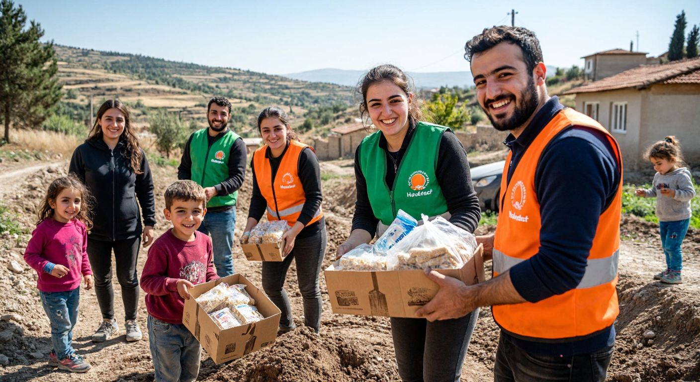 A group of diverse volunteers in Turkey, wearing vests with the Hedef Derneği logo, joyfully distributing food packages and clean water to smiling families in a rural village, with children playing nearby and a newly dug well in the background.