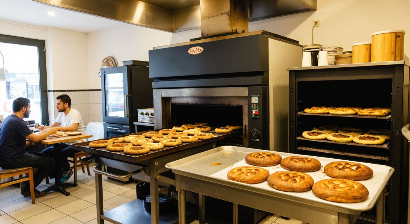 A bustling Turkish bakery with a large industrial oven churning out trays of simit and pide, while a smaller convection oven nearby bakes fresh pastries for a cozy café setting.