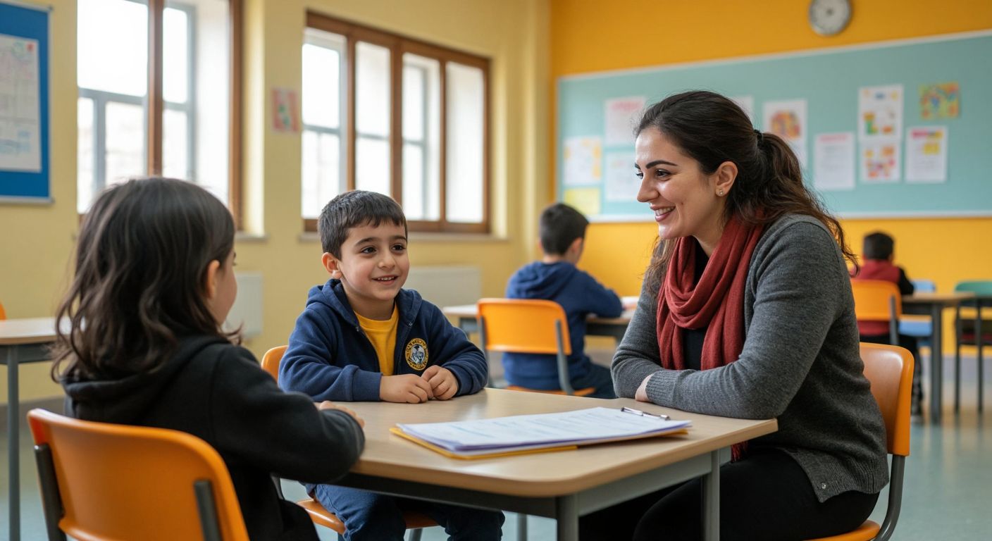 A Turkish school counselor in a bright classroom warmly listens to a student, while in a separate office, professionals in a RAM center evaluate a child with special needs, both scenes exuding care and support.
