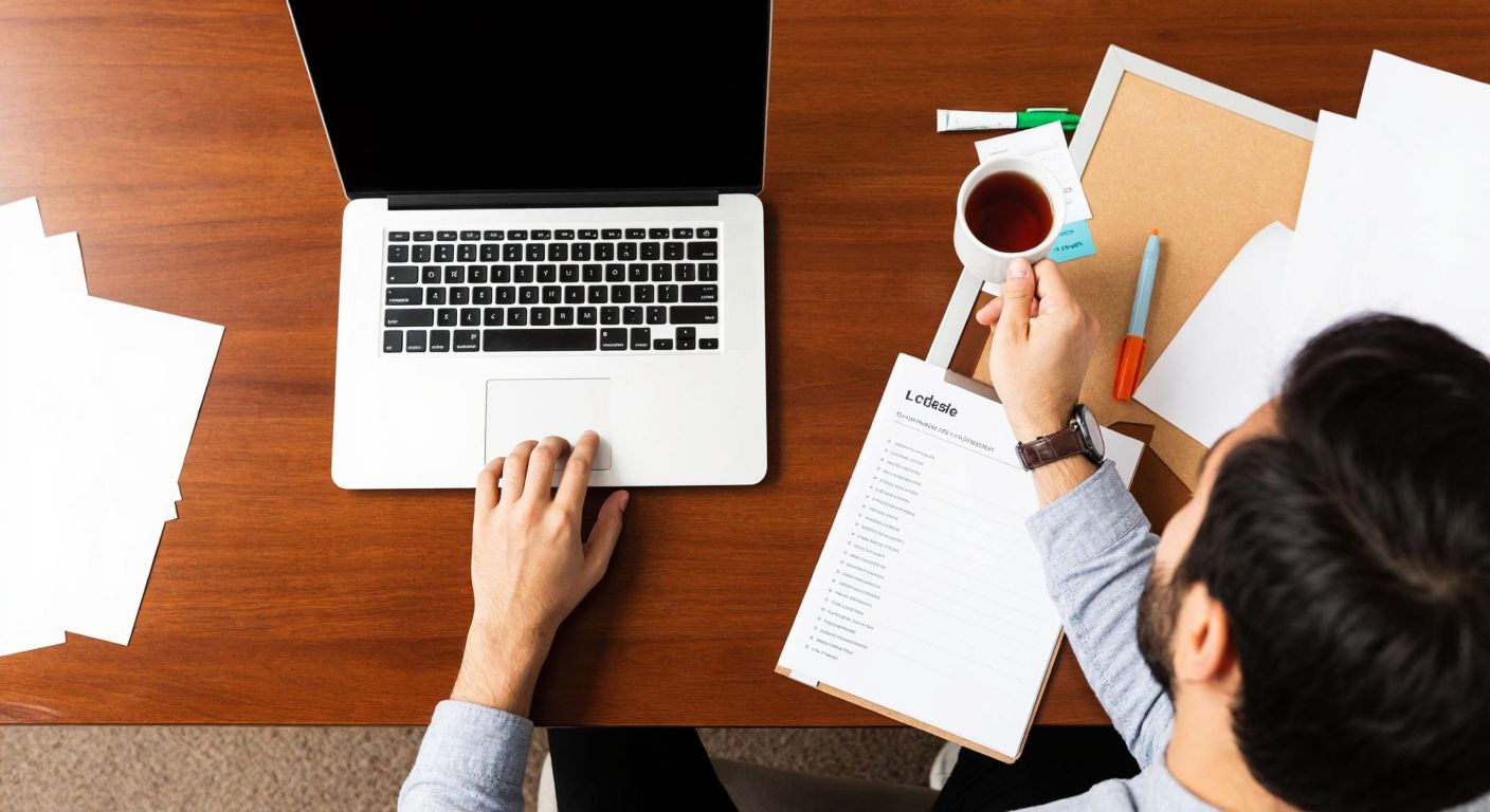 A focused Turkish person sitting at a wooden desk with a laptop open, surrounded by scattered papers and a steaming cup of çay, while pointing at a checklist pinned to a corkboard.