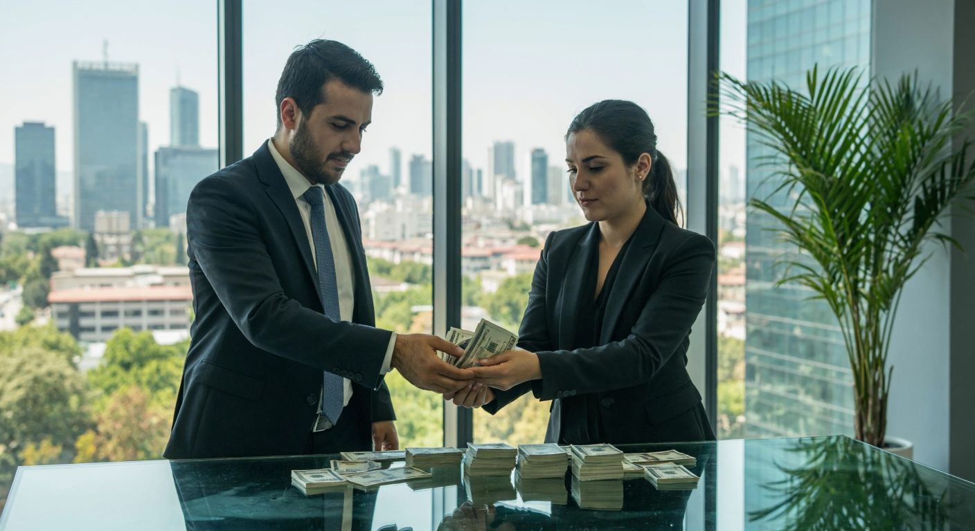 A focused Turkish businessperson in a modern office setting hands a stack of cash back to a relieved investor, symbolizing the refund process in crowdfunding, with a transparent glass table and cityscape visible through the window.