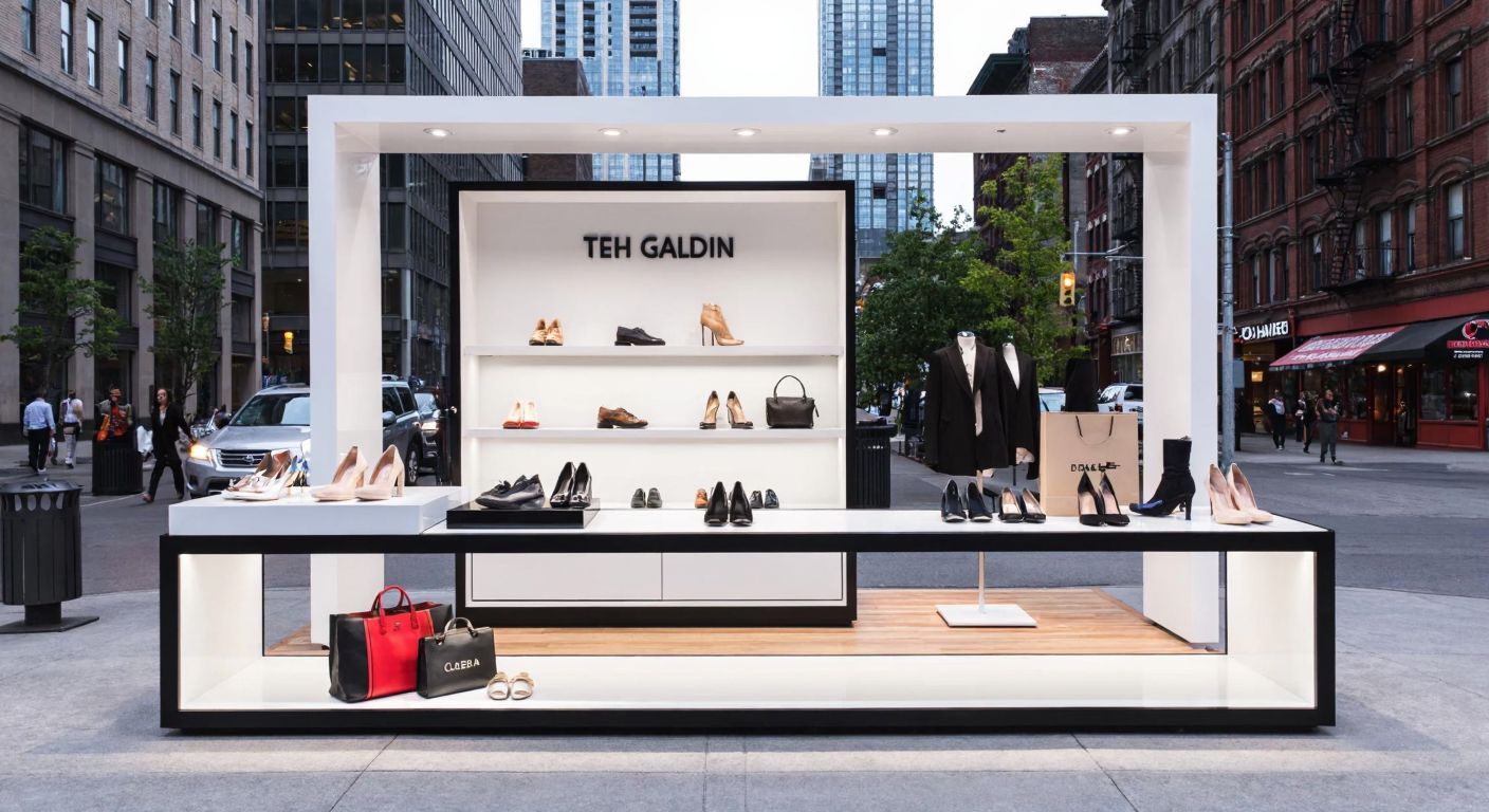 A sleek, modern shoe store with a minimalist display of stylish footwear and accessories, set against a backdrop of a bustling Canadian city street.