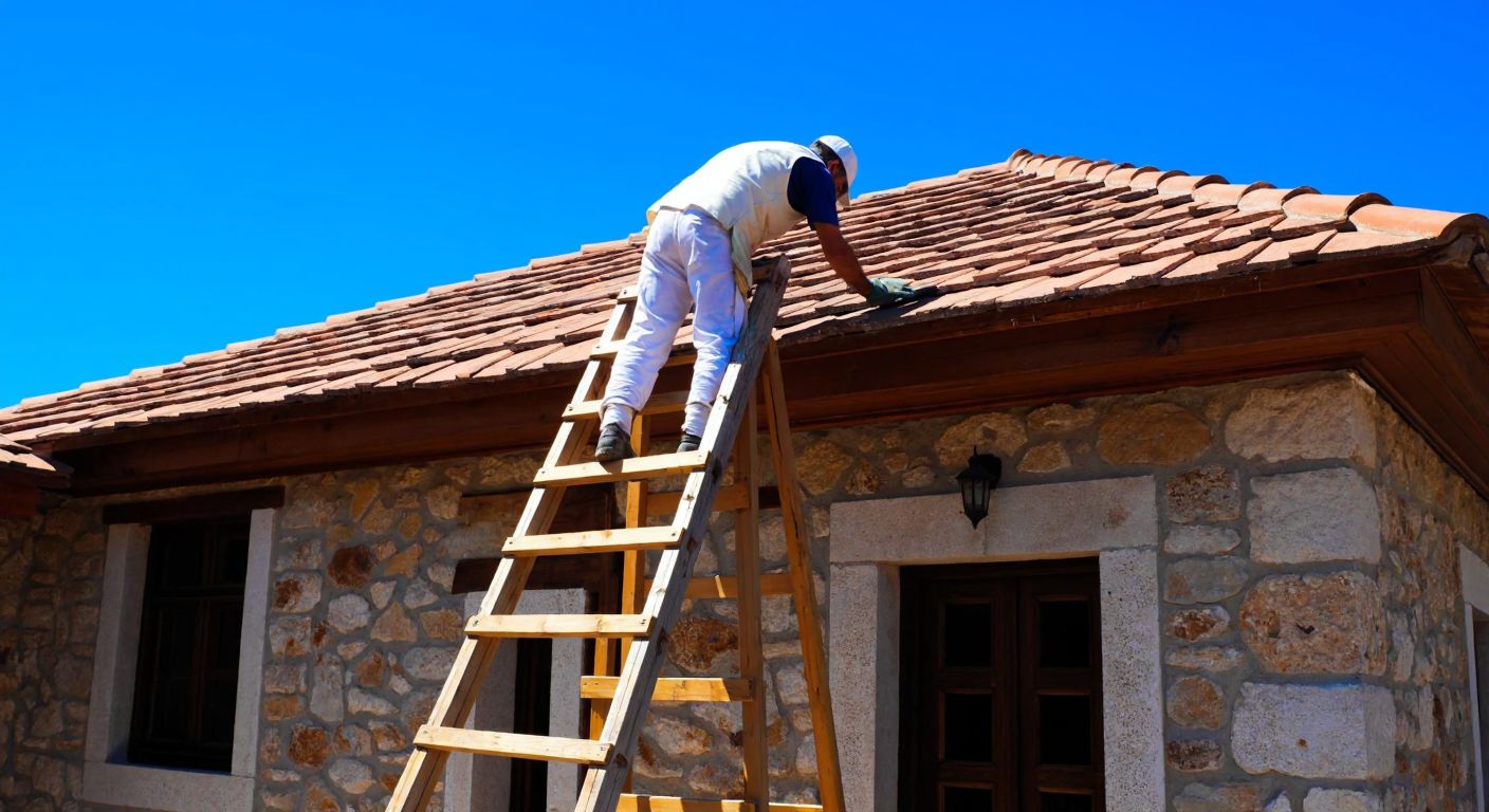 A wooden ladder leaning against a traditional Turkish stone house, with a craftsman in a white apron climbing it to repair the tiled roof under a bright blue sky.