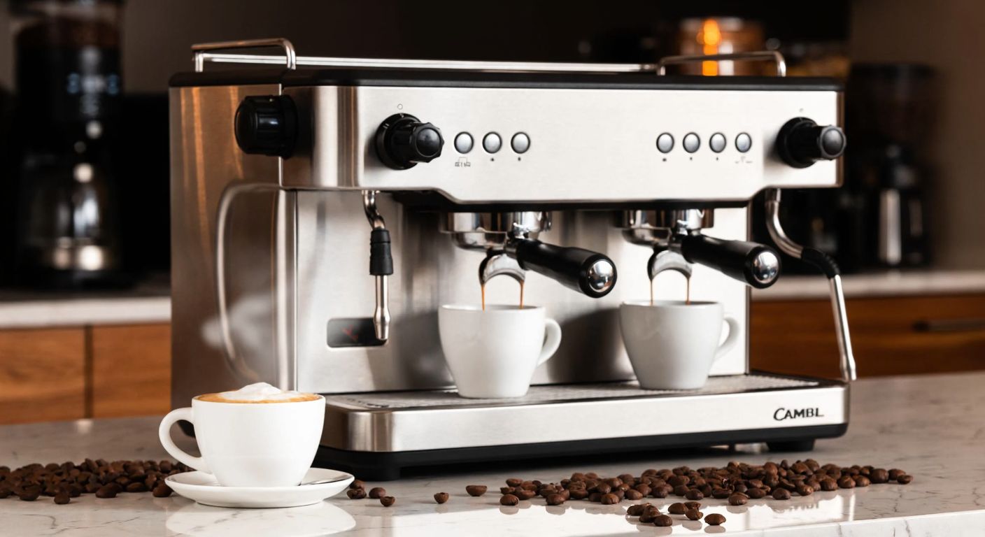 A sleek silver La Cimbali M24 espresso machine sits on a marble countertop, steaming freshly brewed espresso into small white cups, with a frothy cappuccino beside it, surrounded by scattered coffee beans and a warm glow of ambient café lighting.