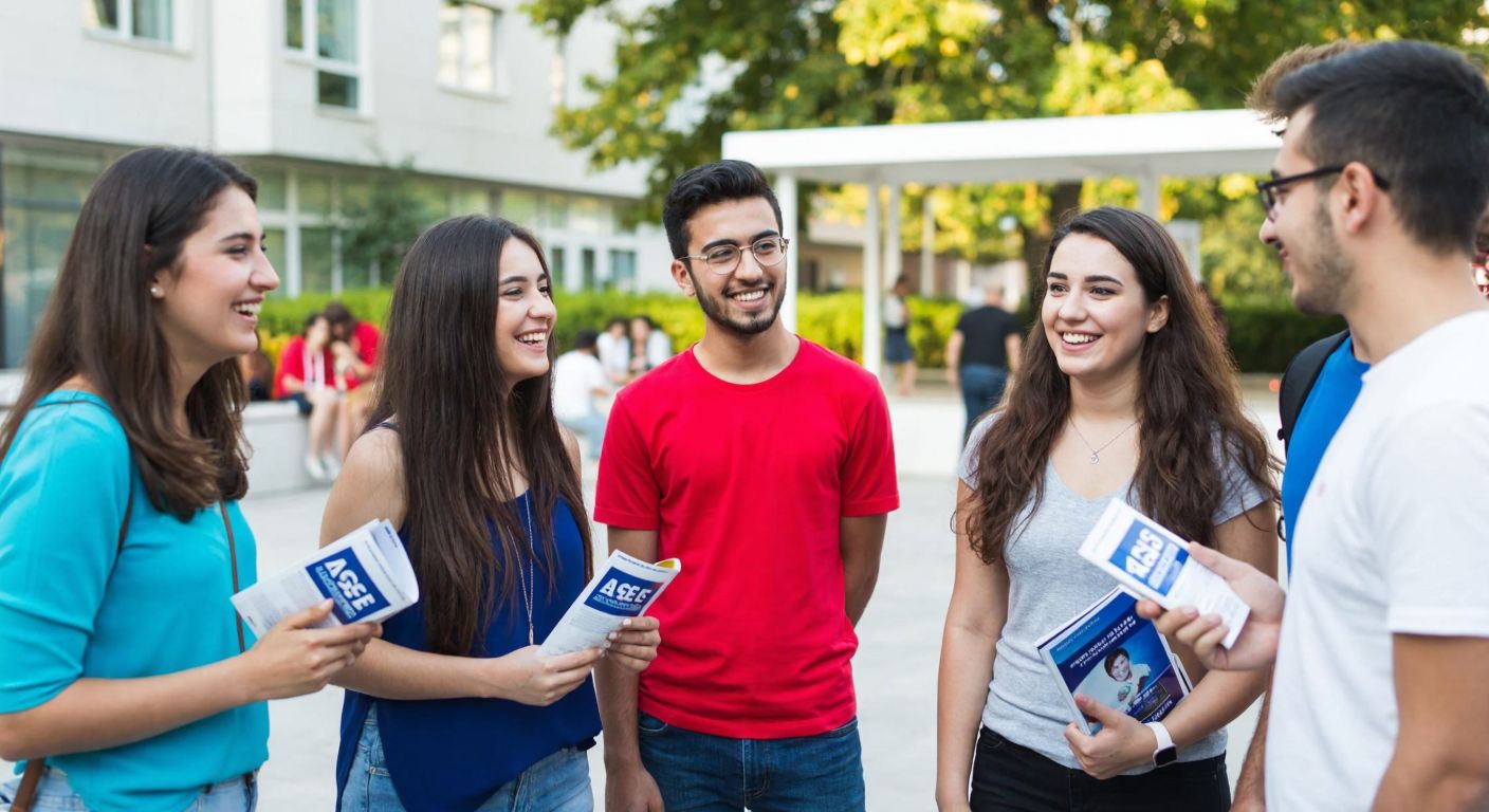 A group of diverse young Turkish students smiling and chatting in a vibrant university courtyard, holding AIESEC brochures and wearing casual attire.