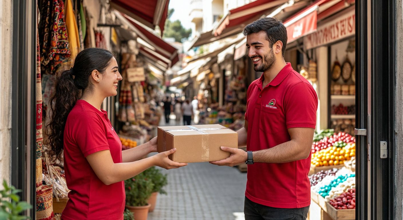 A smiling courier in a red uniform hands a brown package to a happy customer at a doorstep in Turkey, with a colorful bazaar visible in the background.