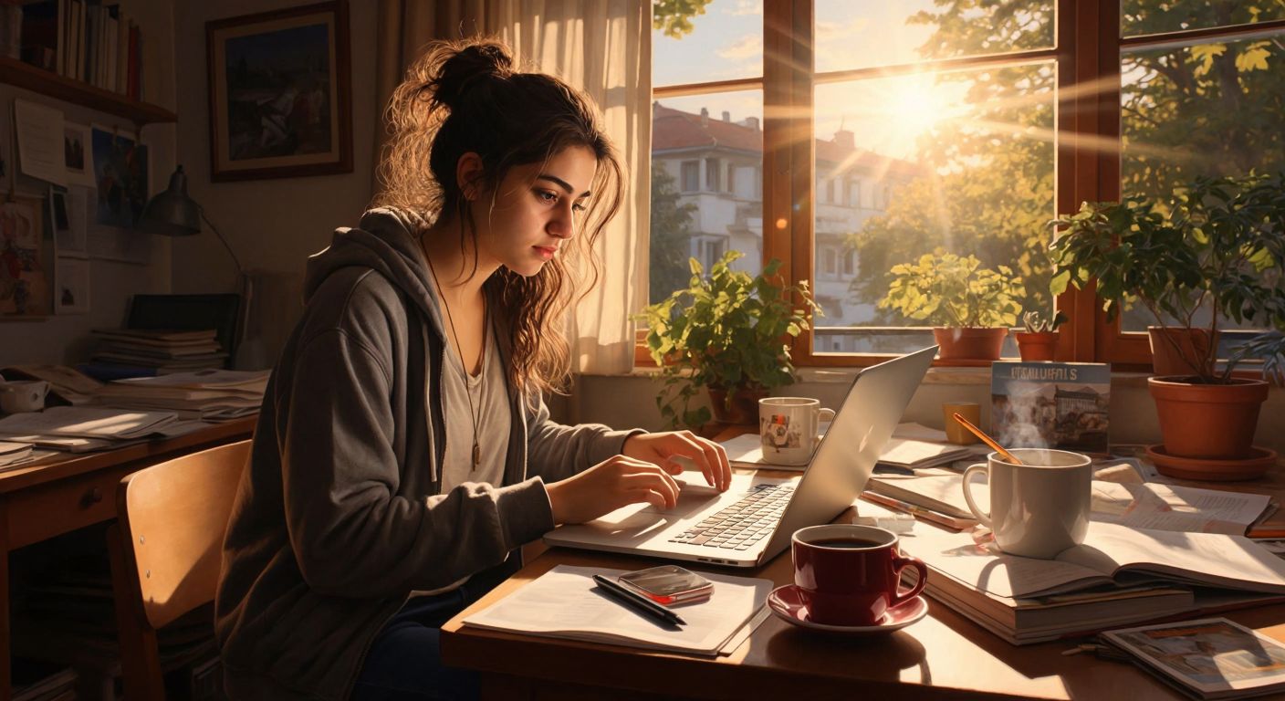 A young Turkish student with focused eyes sits at a wooden desk in a sunlit room, browsing a laptop with a notebook and pen nearby, surrounded by scattered university brochures and a steaming cup of çay.