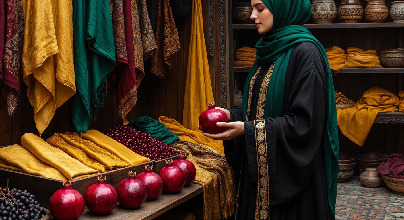A vibrant Turkish bazaar scene with rich golden fabrics draped over dark wooden stalls, a deep emerald-green silk scarf catching the light, and a dignified merchant in a sleek black robe holding a luxurious burgundy pomegranate, exuding authority and elegance.