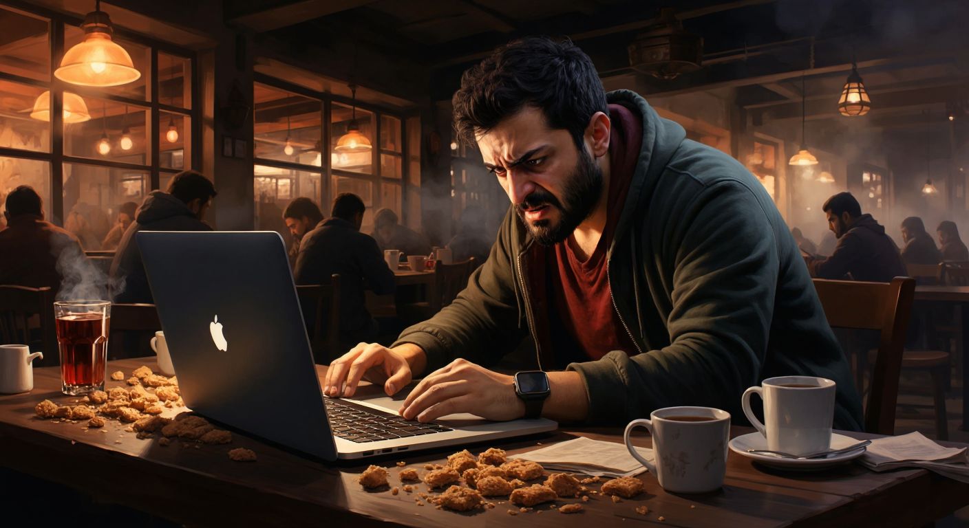 A frustrated Turkish user in a dimly lit café, scowling at a laptop screen while angrily clicking a mouse, surrounded by steaming cups of çay and scattered simit crumbs.