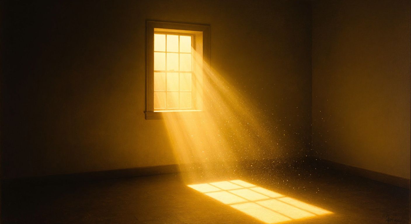 A narrow beam of golden sunlight streams through a small window into a dim room, illuminating floating dust particles in its path.