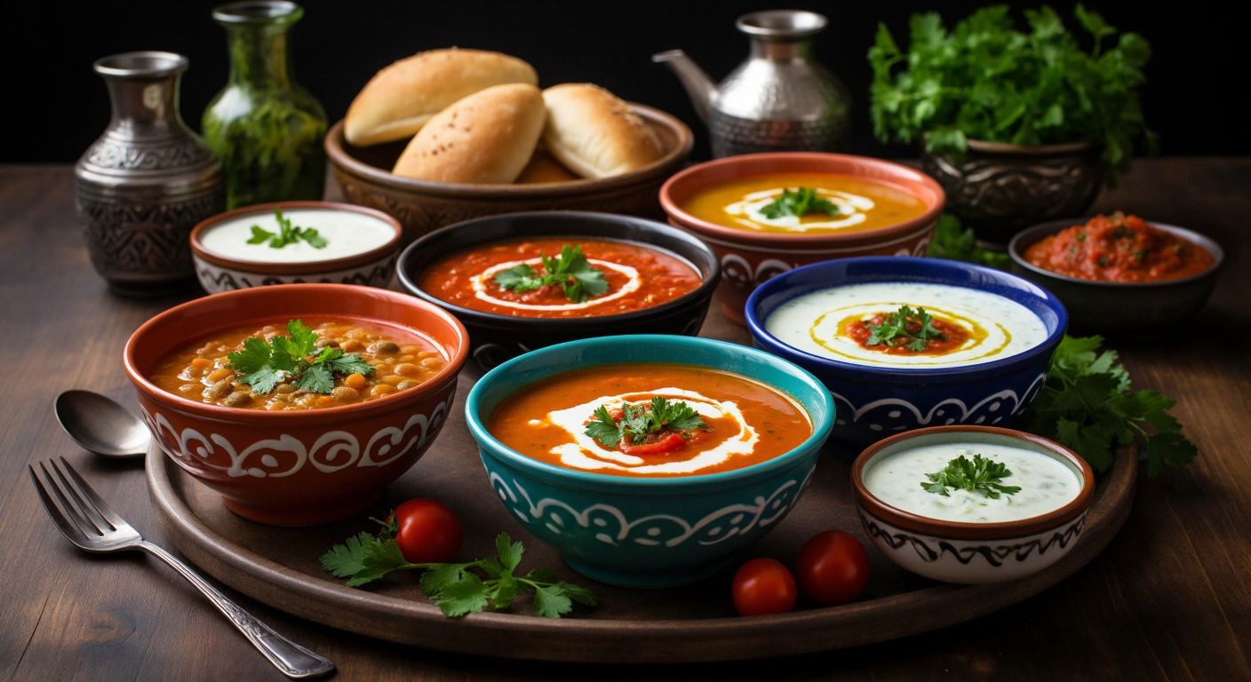 A steaming Turkish dining table set with colorful bowls of lentil soup, chicken broth, tomato soup, noodle soup, and chilled yogurt-cucumber soup, surrounded by fresh herbs and warm bread.